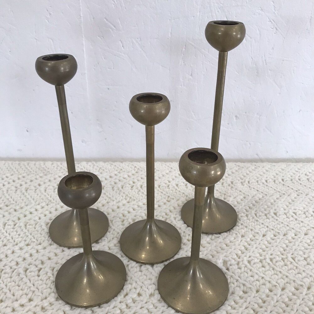 5 Vintage Graduated Decorative Brass Candlestick Holders Hollywood Regency Style
